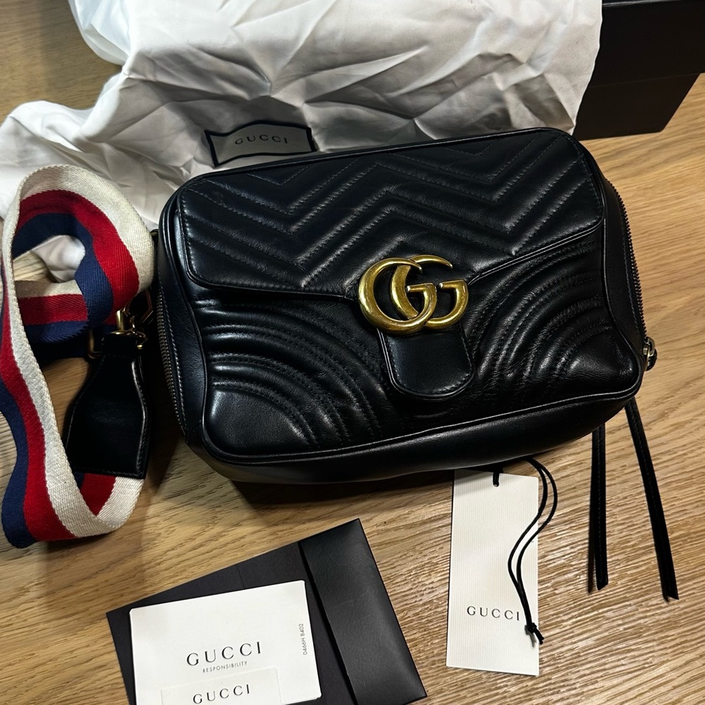 GUCCI Calfskin Matelasse Sylvie Web Small GG Marmont Top Handle Shoulder Bag
